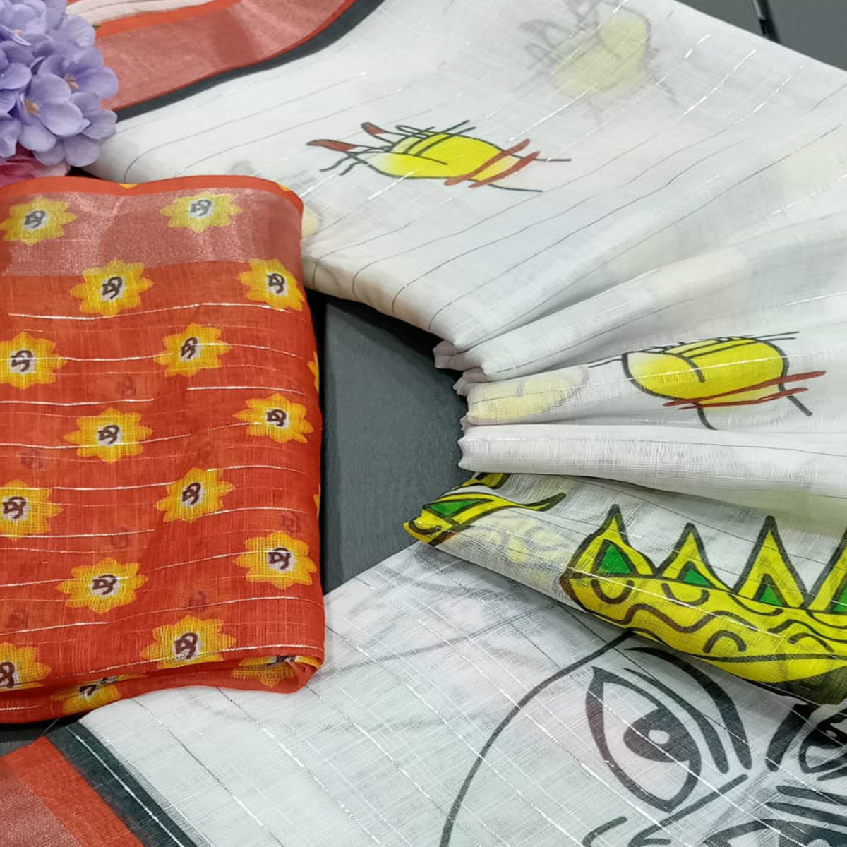 White Digital Printed With Zari Work Linen Cotton Saree