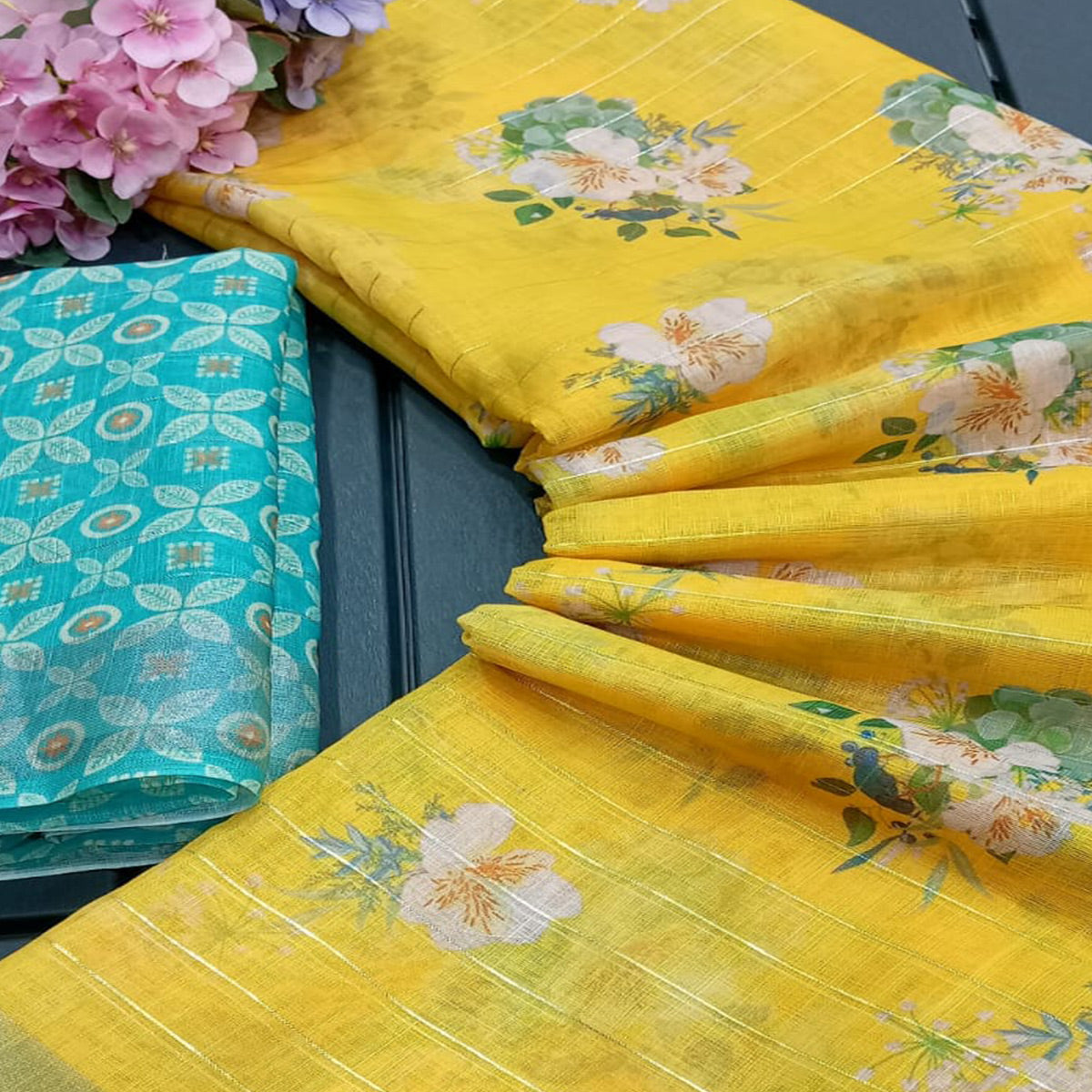 Yellow Digital Printed With Zari Work Linen Cotton Saree