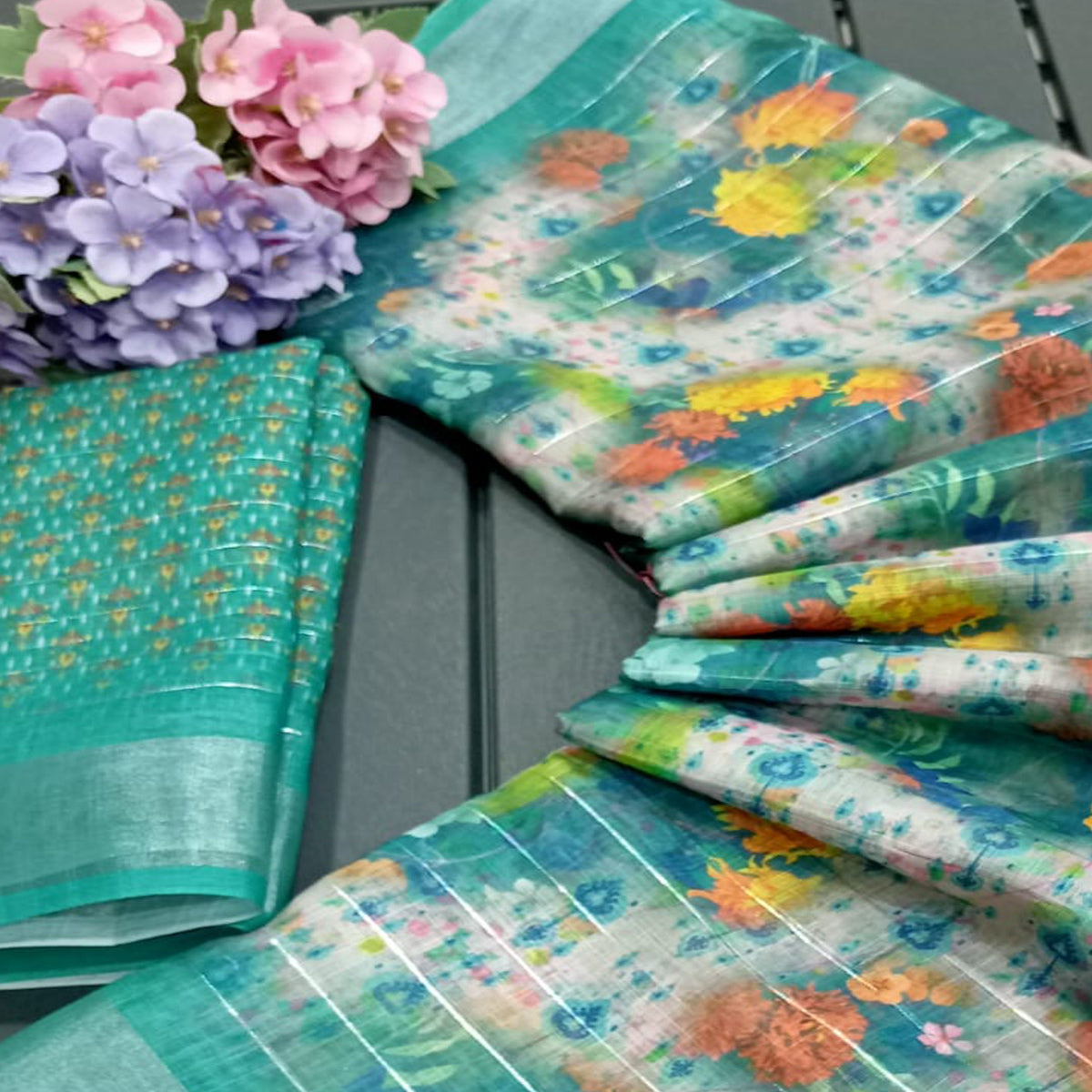 Turquoise Digital Printed With Zari Work Linen Cotton Saree