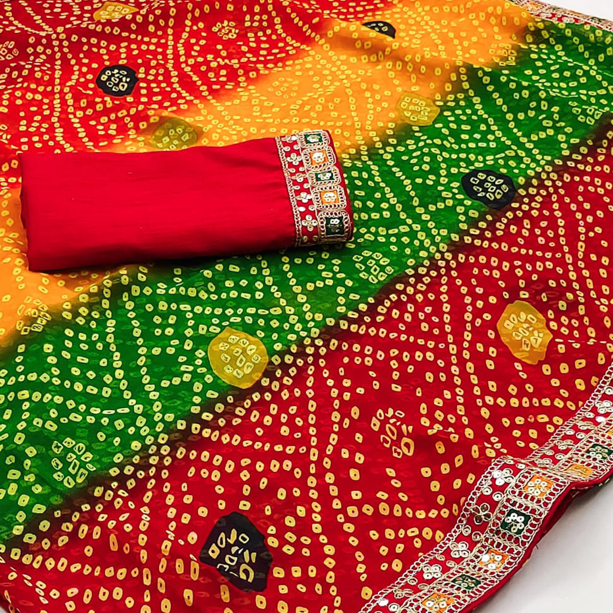 Multicolor Bandhani Printed With Sequins Border Georgette Saree
