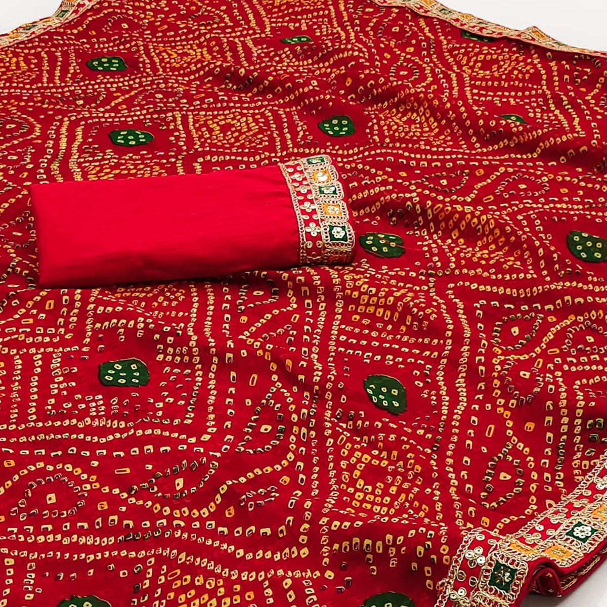 Red Bandhani Printed With Sequins Border Georgette Saree