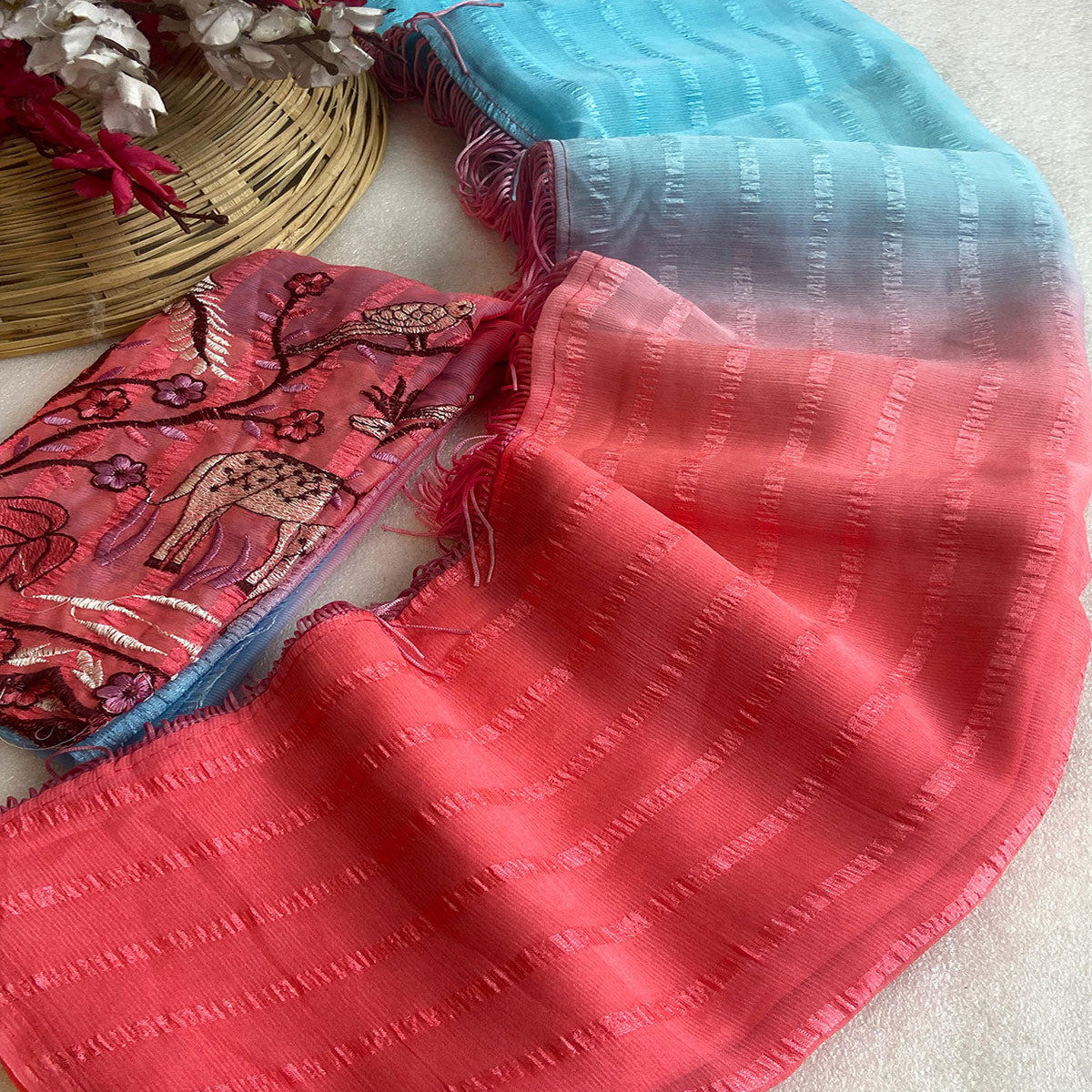 Blue & Peach Ombre Chiffon Saree with Delicate Woven Texture