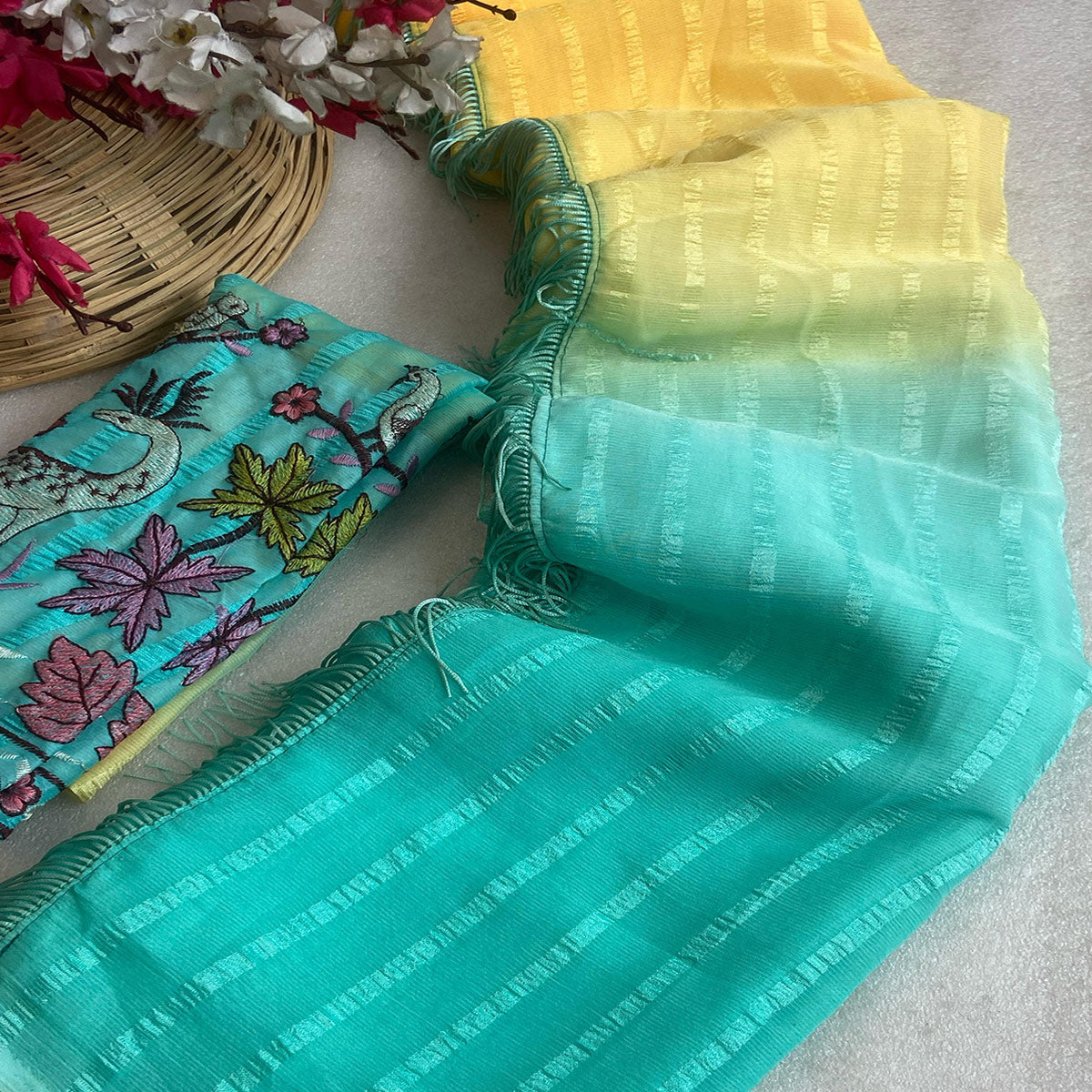 Yellow & Turquoise Ombre Chiffon Saree with Delicate Woven Texture