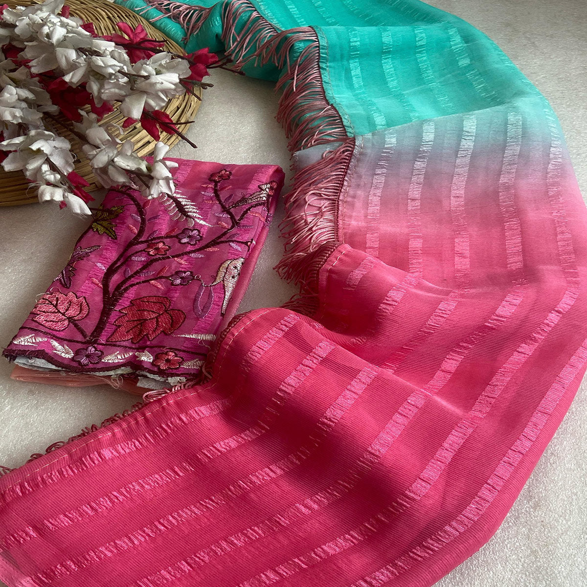 Turquoise & Pink Ombre Chiffon Saree with Delicate Woven Texture