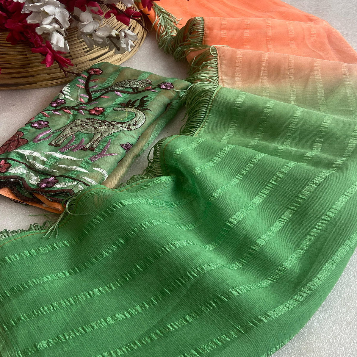 Orange & Green Ombre Chiffon Saree with Delicate Woven Texture