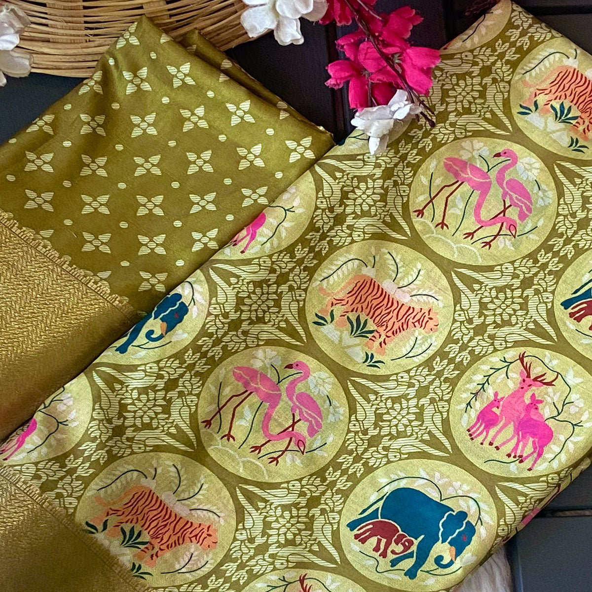 Green Floral Zari Weaving Dola Silk Saree