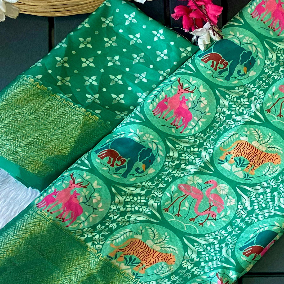 Rama Green Floral Zari Weaving Dola Silk Saree