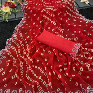 Red Bandhani Printed Georgette Saree With Stone Work Border