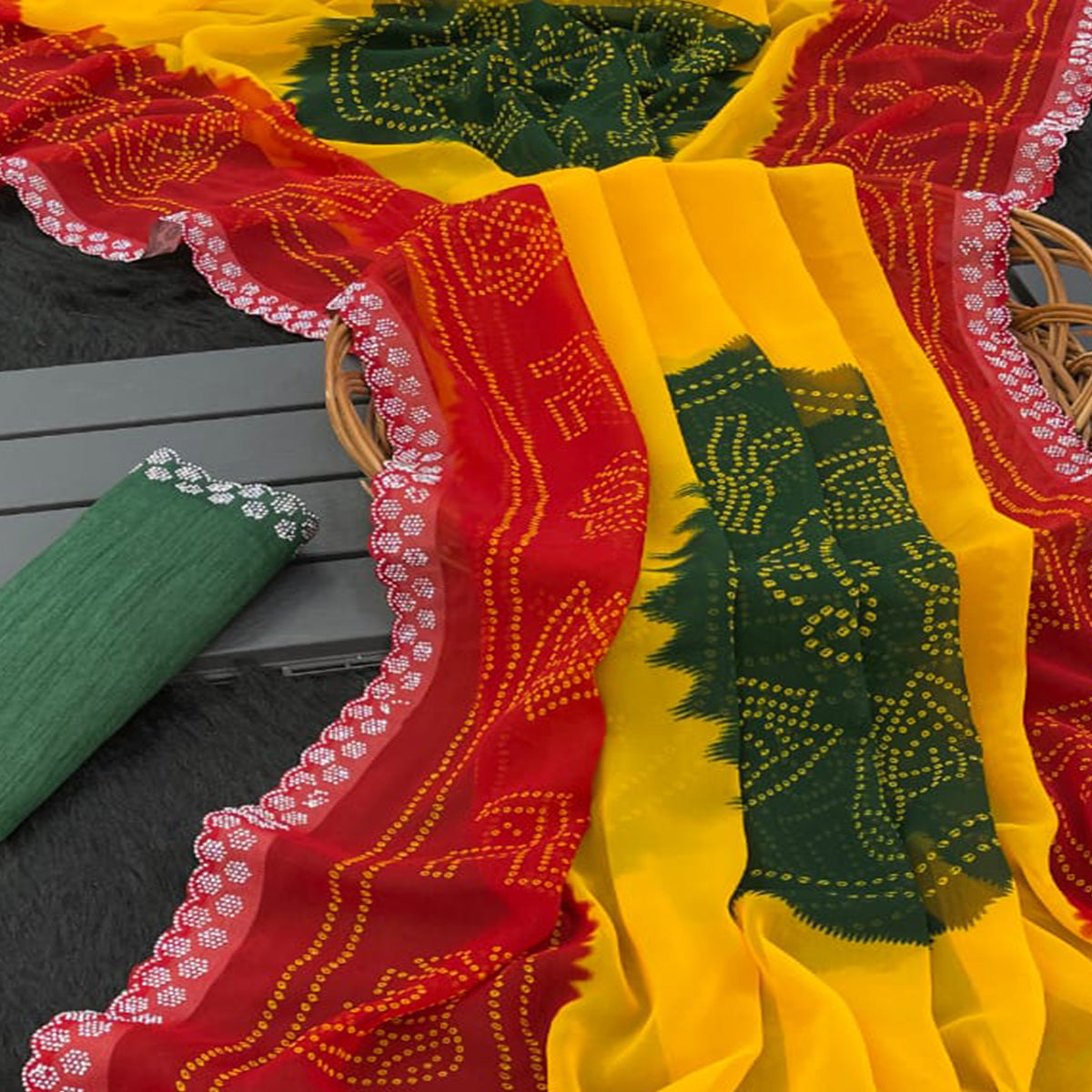 Red & Yellow Georgette Saree With Traditional Bandhani Print And Sparkling Stone Work Border