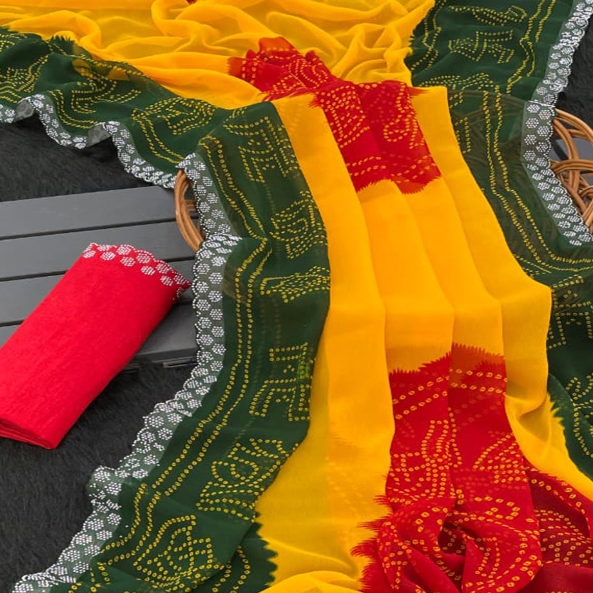 Green & Yellow Georgette Saree With Traditional Bandhani Print And Sparkling Stone Work Border