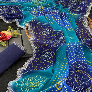 Blue Georgette Saree With Traditional Bandhani Print And Sparkling Stone Work Border