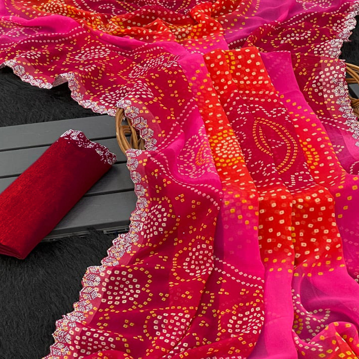 Red & Pink Georgette Saree With Traditional Bandhani Print And Sparkling Stone Work Border