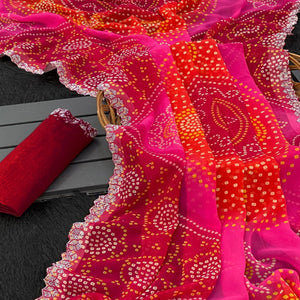 Red & Pink Georgette Saree With Traditional Bandhani Print And Sparkling Stone Work Border