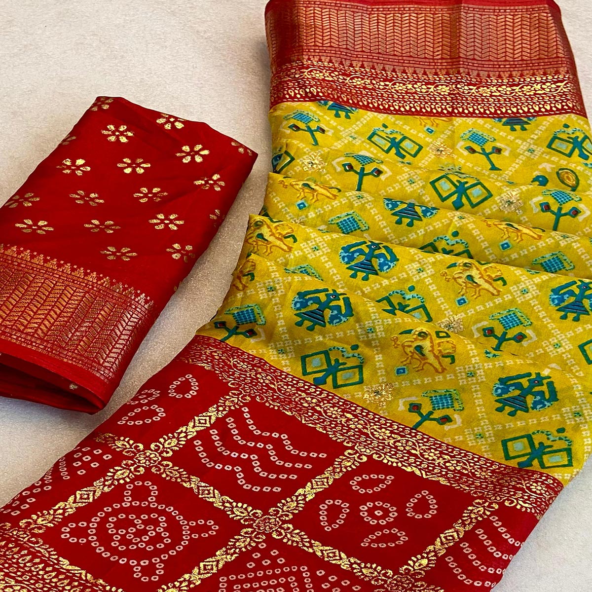 Yellow Patola Printed Dola Silk Saree With Zari Border