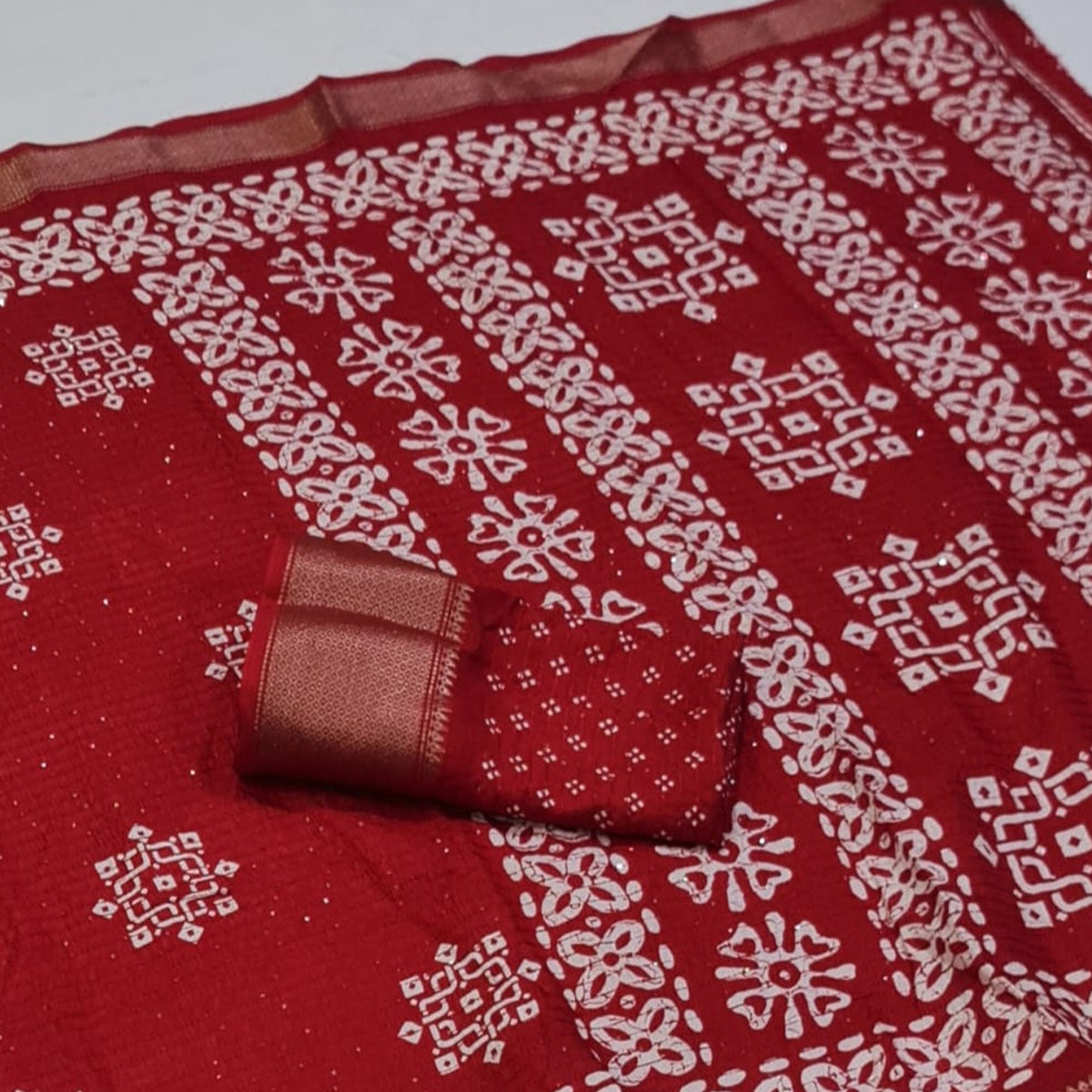 Red Printed With Sequins Work Dola Silk Saree