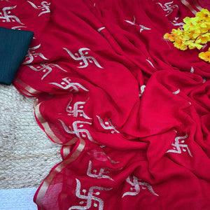 Festive Red Georgette Saree Enhanced with Fine Swastik Embroidered Motifs