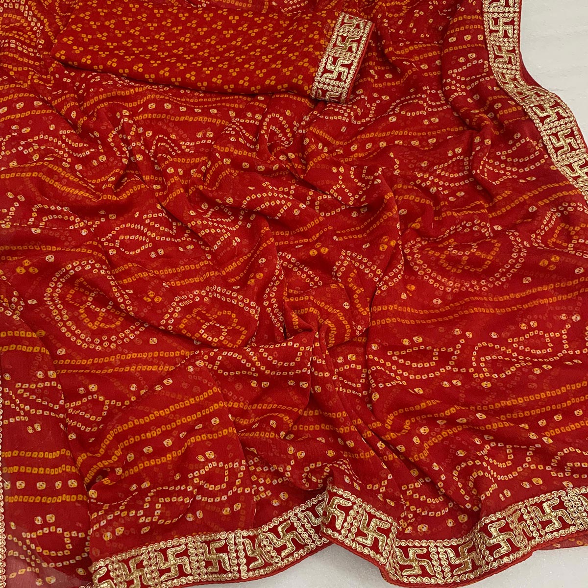 Red Bandhani Printed With Embroidered Border Chiffon Saree