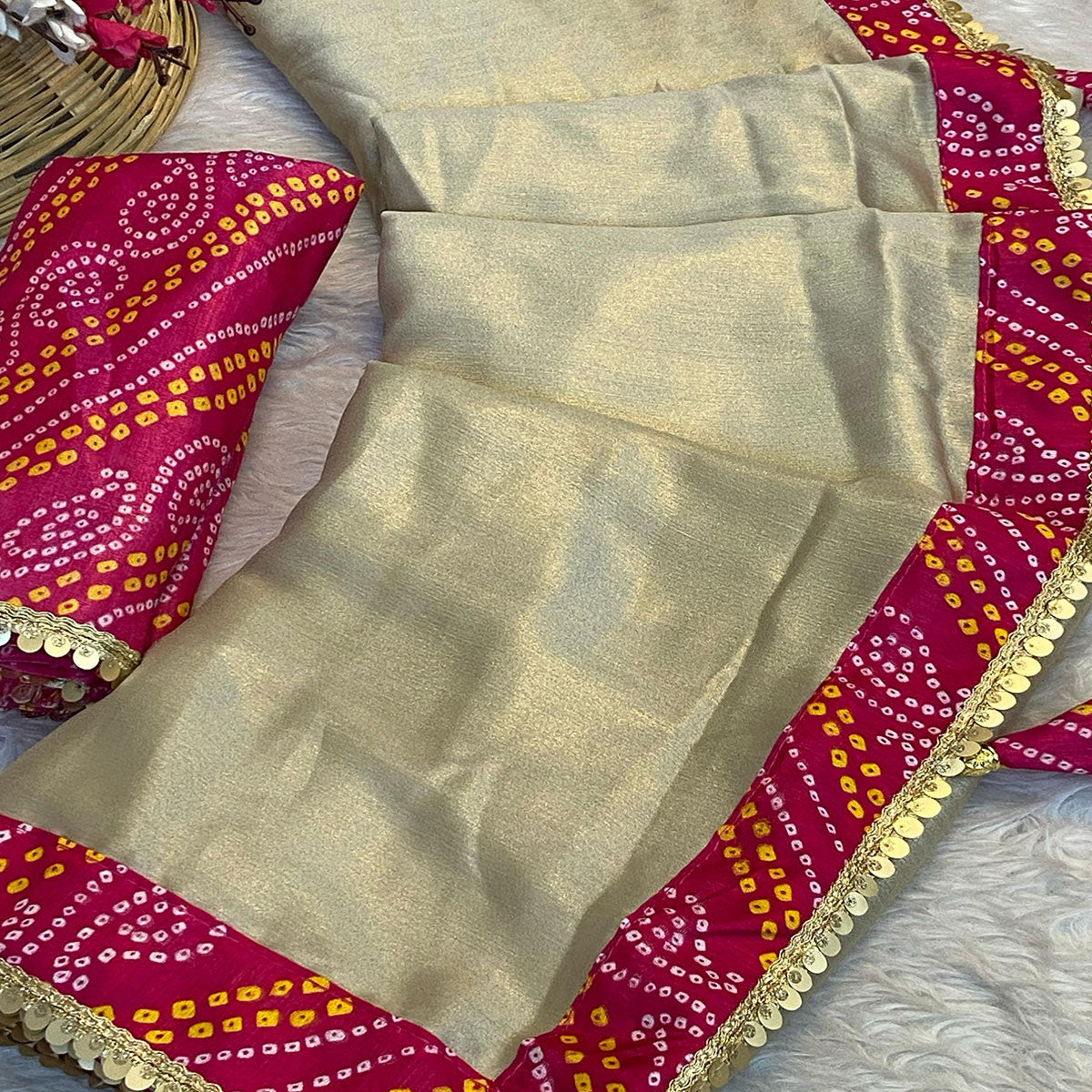 Beige & Pink Moss Chiffon Saree Featuring a Traditional Bandhani Print Border