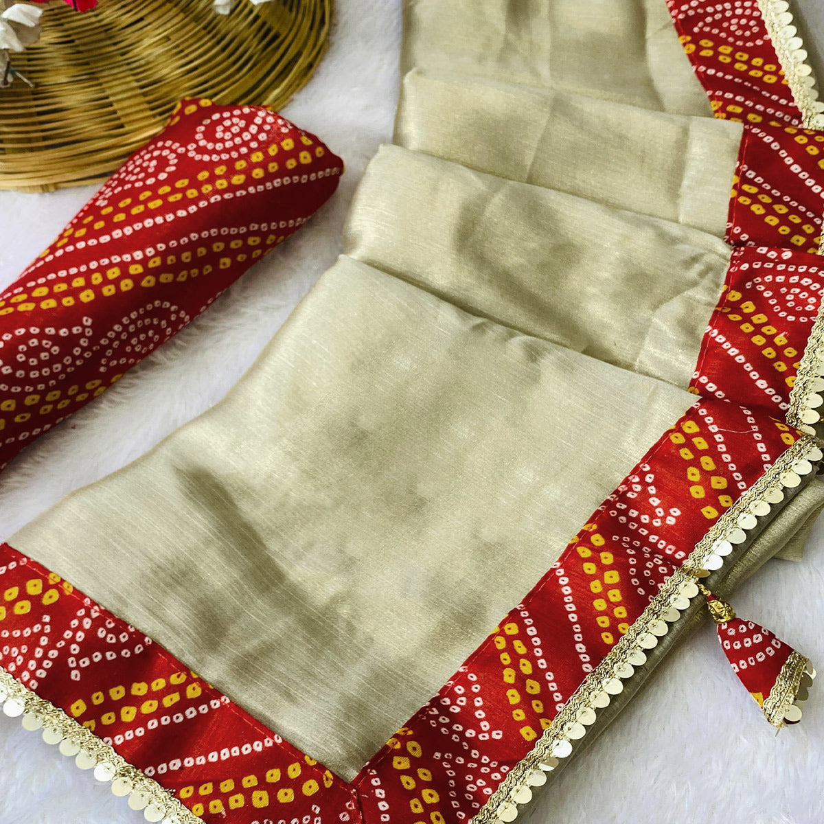 Beige & Red Moss Chiffon Saree Featuring a Traditional Bandhani Print Border