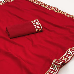Red Solid With Embroidered Border Vichitra Silk Saree