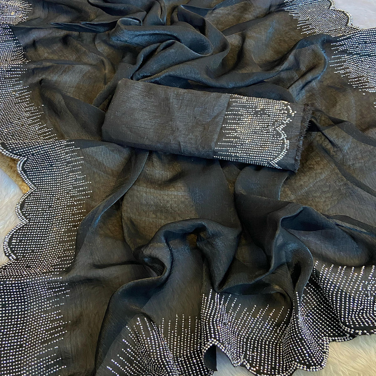 Black Swarovski Work Rangoli Silk Art Saree