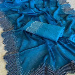 Blue Swarovski Work Rangoli Silk Art Saree