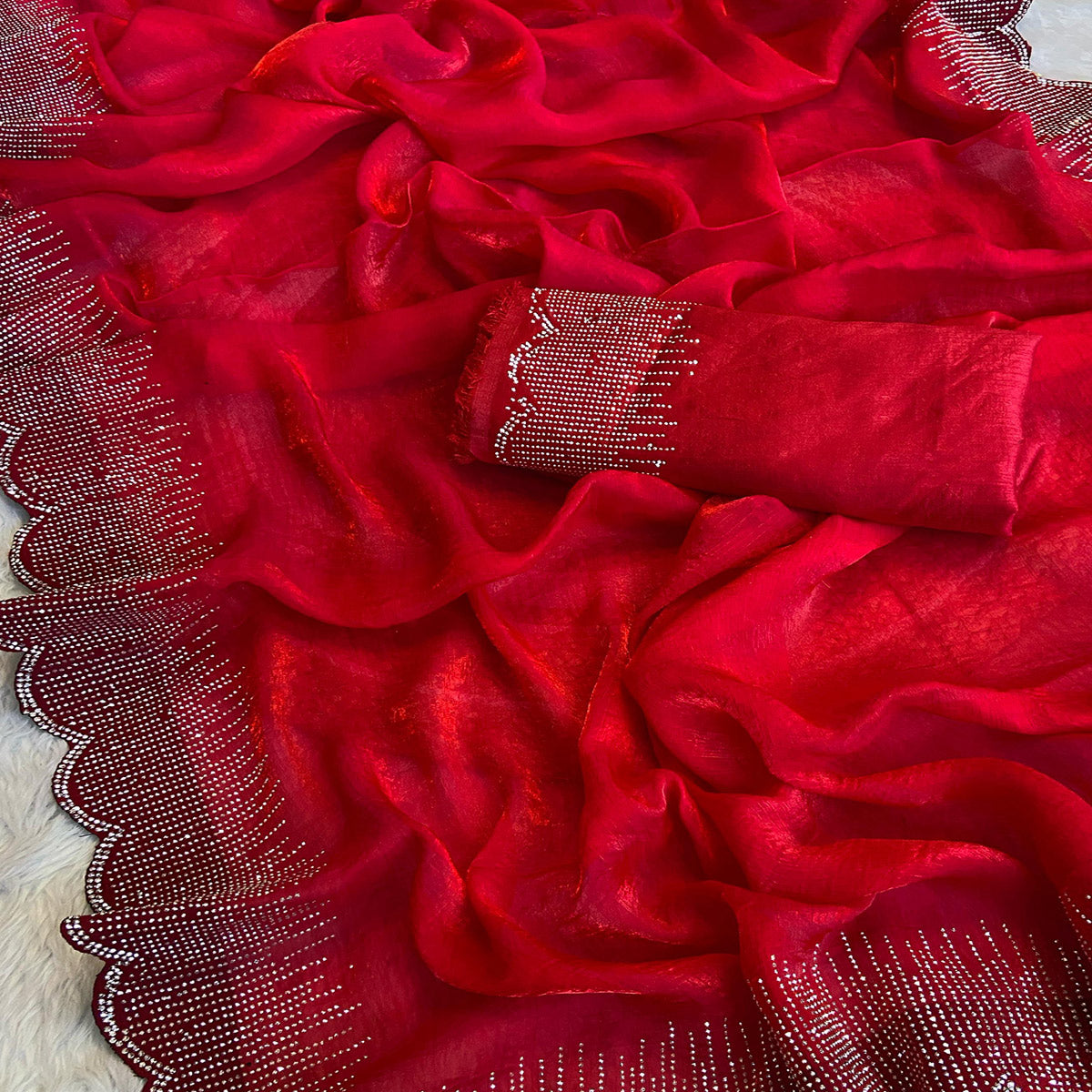Red Swarovski Work Rangoli Silk Art Saree