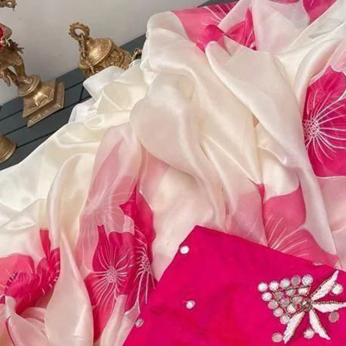 White & Pink Floral Foil Printed Organza Saree