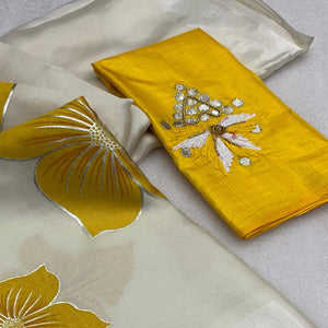 White & Yellow Floral Foil Printed Organza Saree