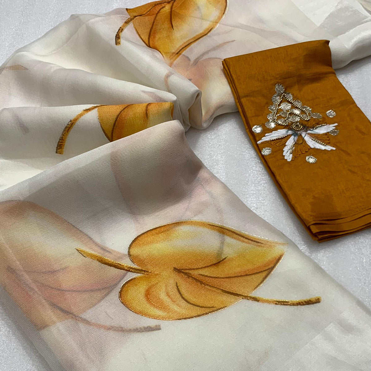 White Foil Printed Organza Saree