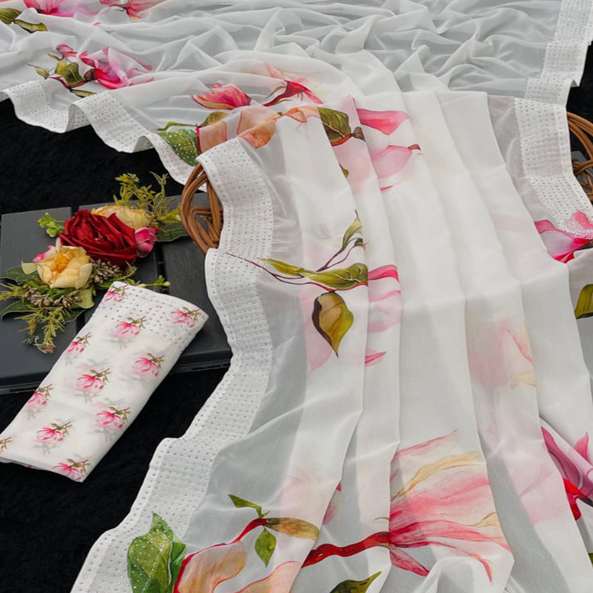 White Floral Printed Georgette Saree