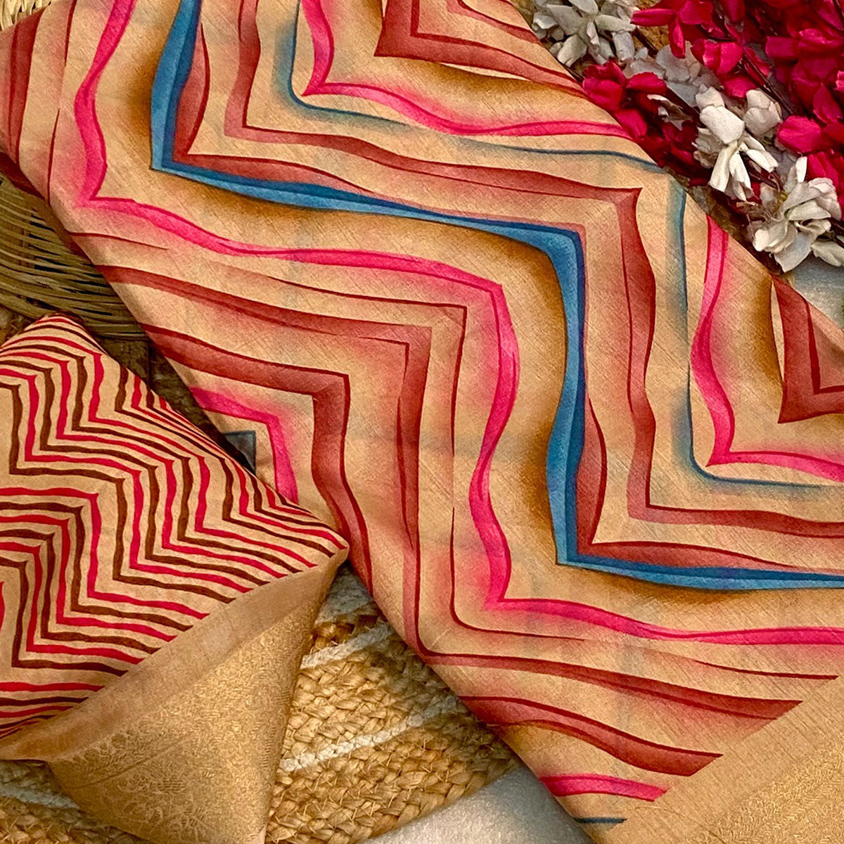 Peach Zig Zag Printed Dola Silk Saree With Woven Border