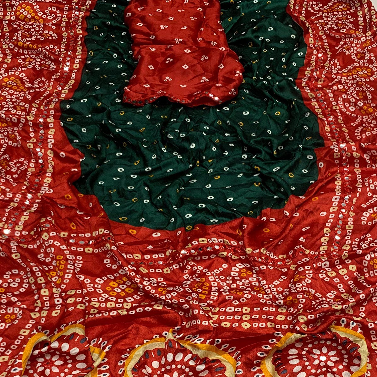 Green & Red Bandhani Printed Chiffon Saree With Mirror Border