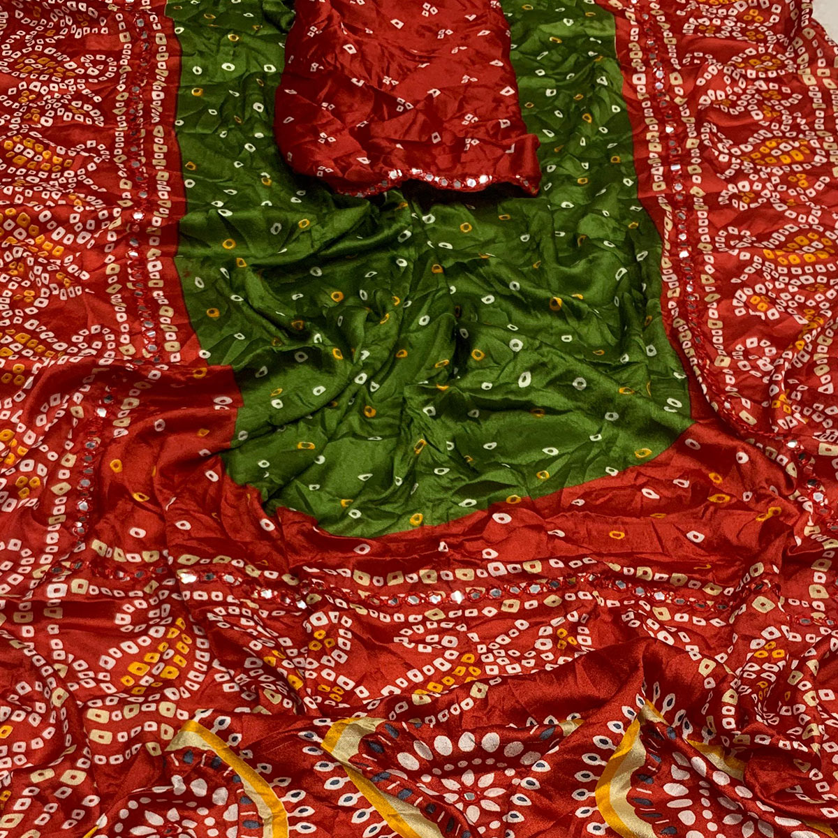 Light Green & Red Bandhani Printed Chiffon Saree With Mirror Border