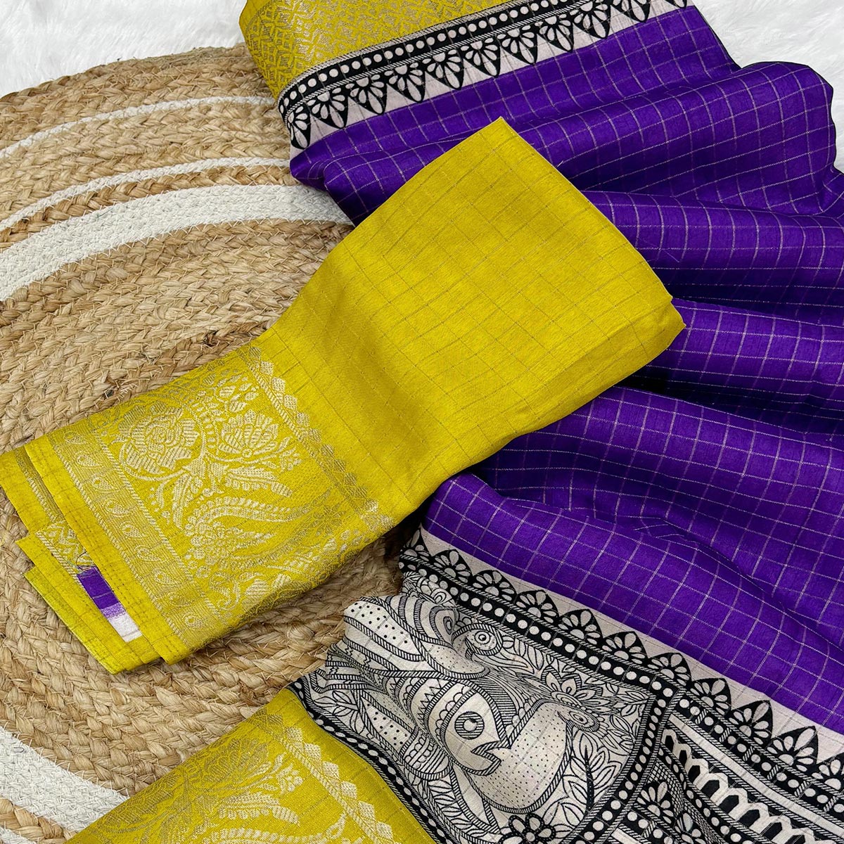 Purple & Yellow Zari Woven Dola Silk Saree