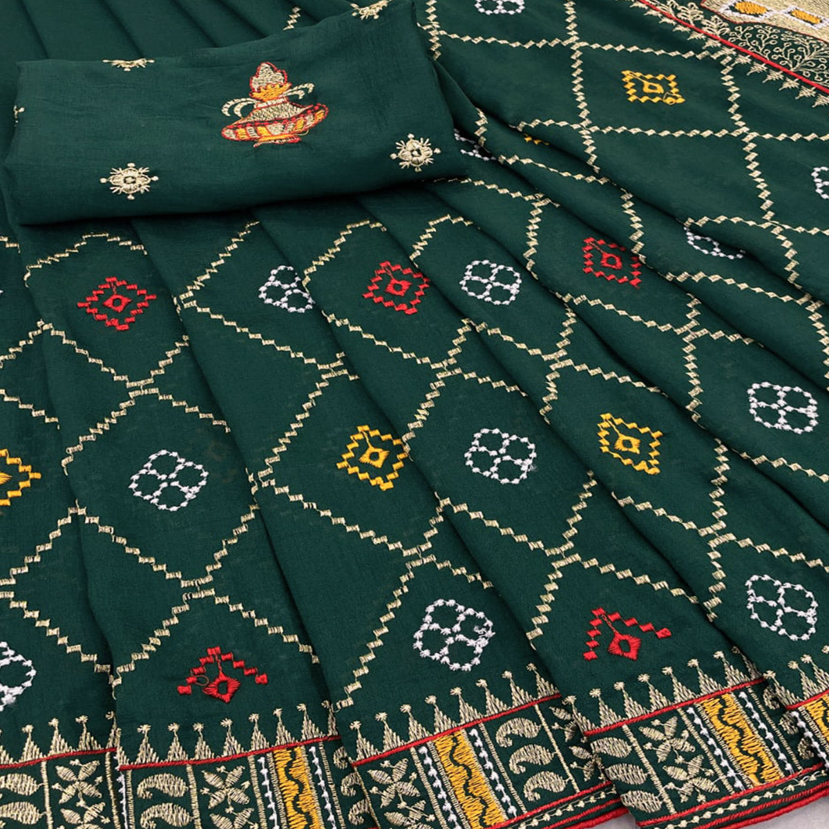 Bottle Green Embroidered Vichitra Silk Saree