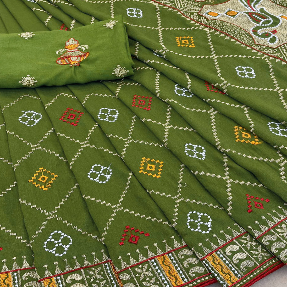 Green Embroidered Vichitra Silk Saree