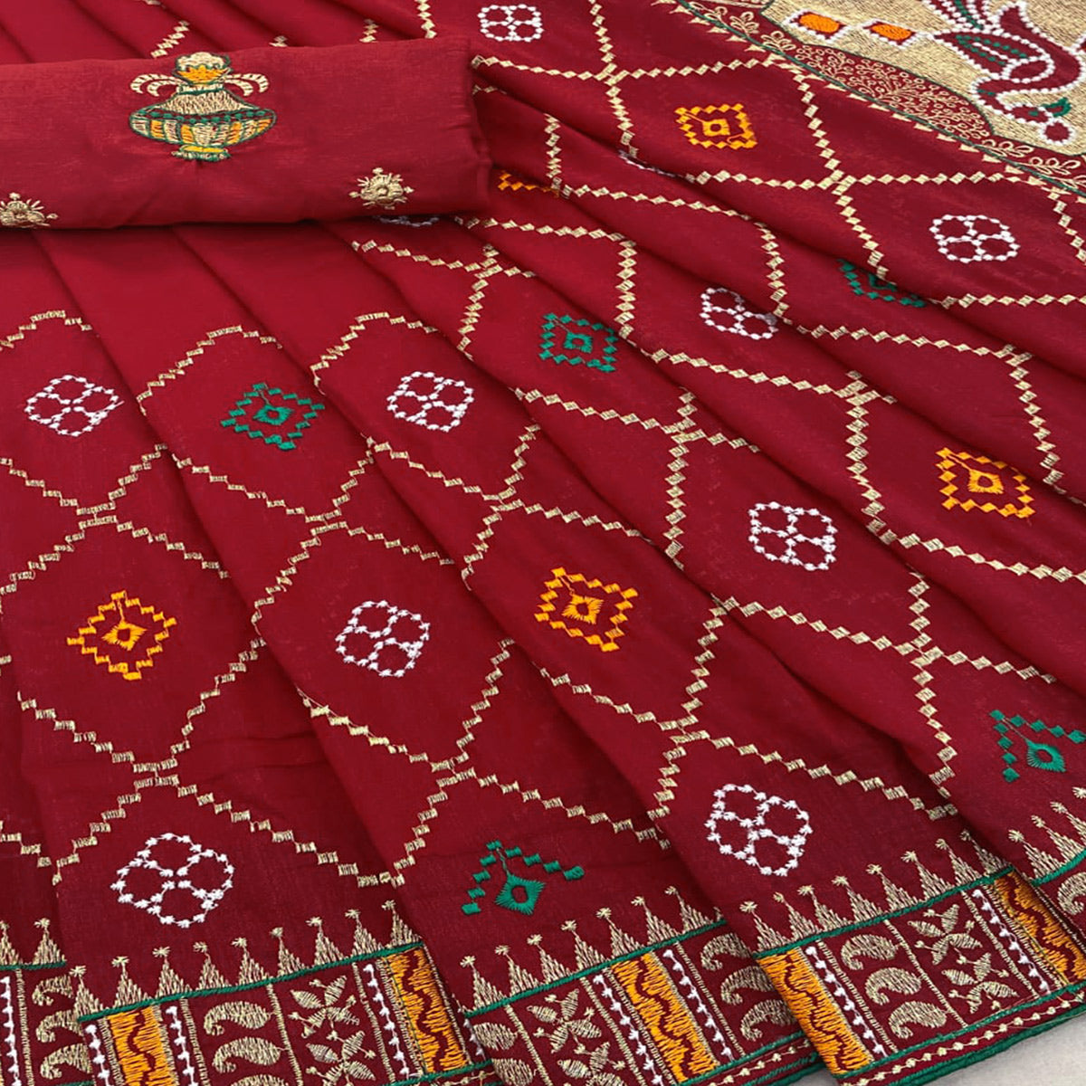 Maroon Embroidered Vichitra Silk Saree