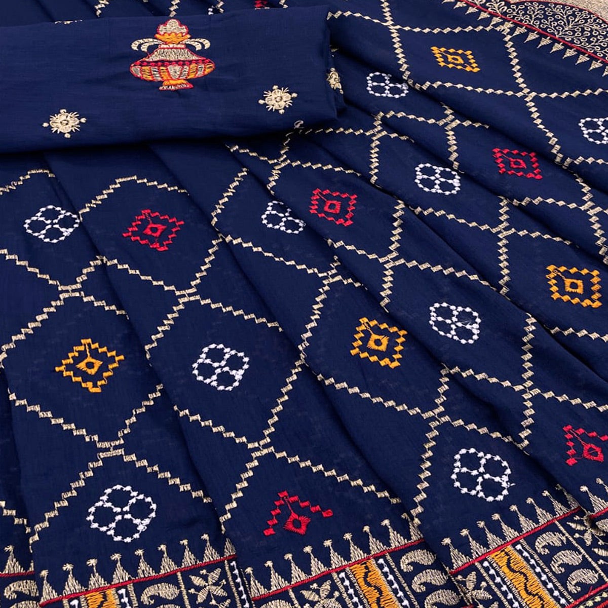 Navy Blue Embroidered Vichitra Silk Saree