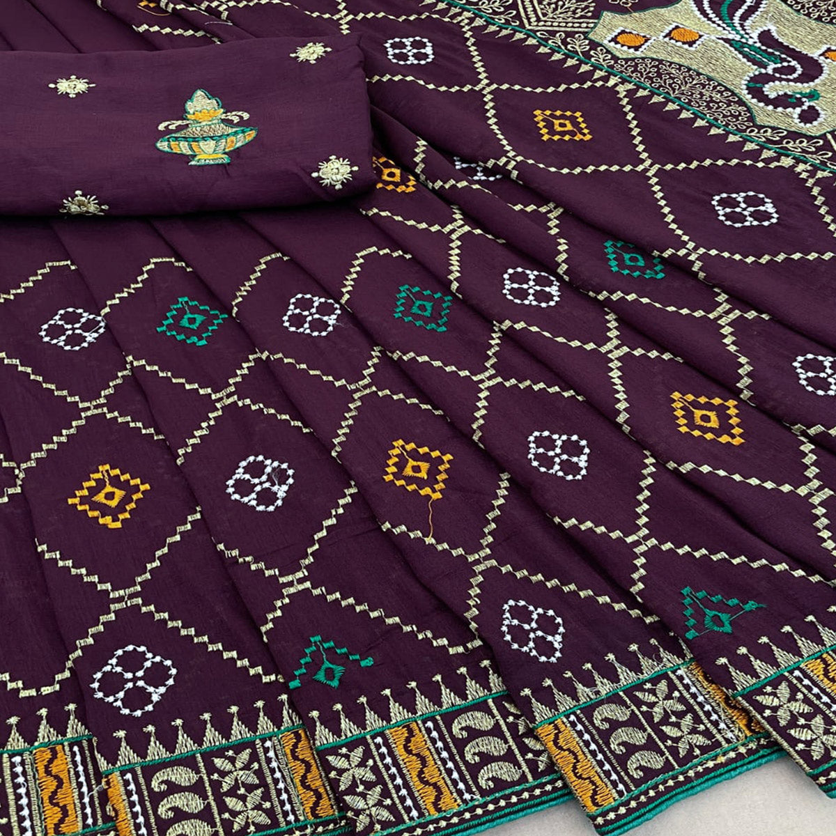Wine Embroidered Vichitra Silk Saree