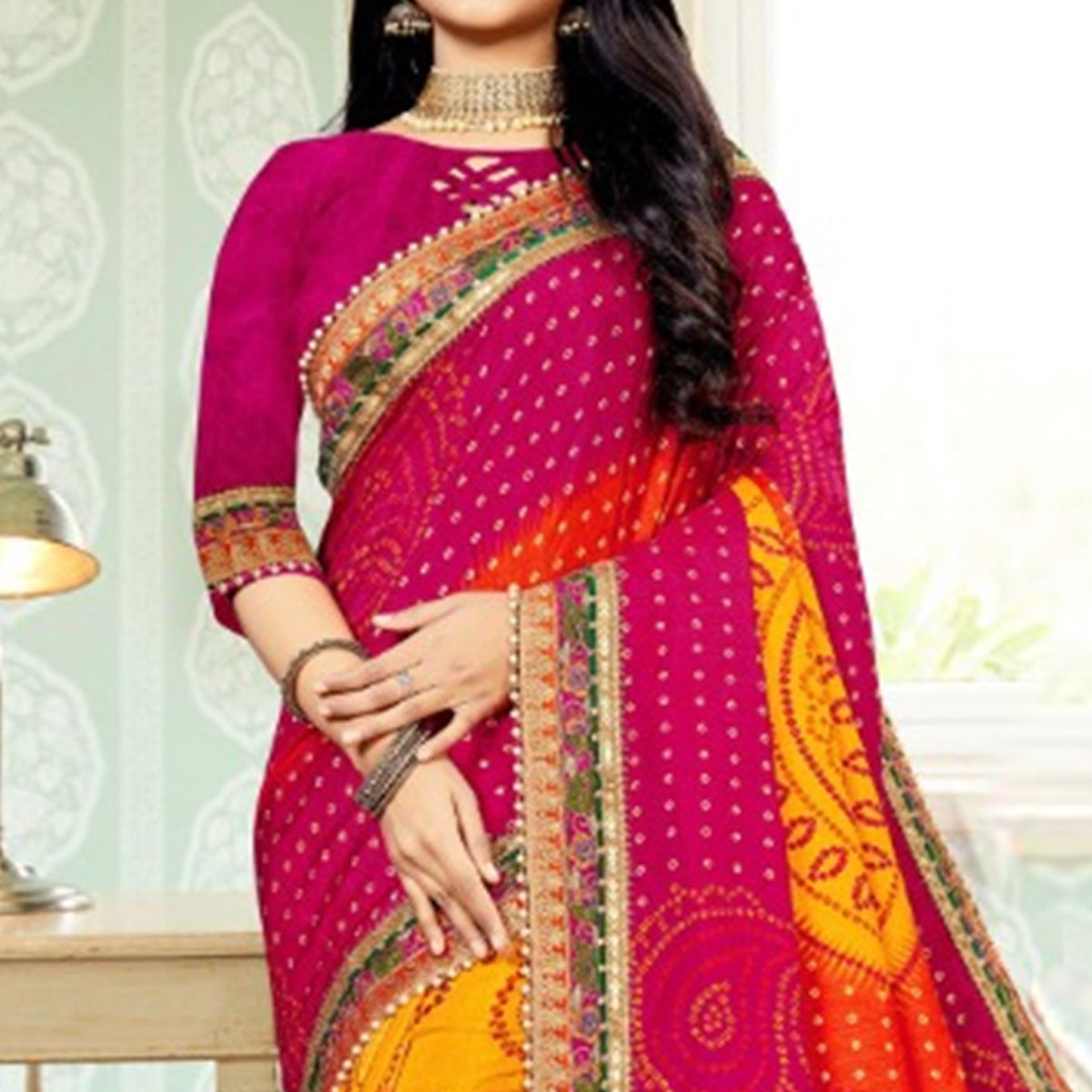 Yellow & Pink Bandhani Printed Mysore Silk Saree