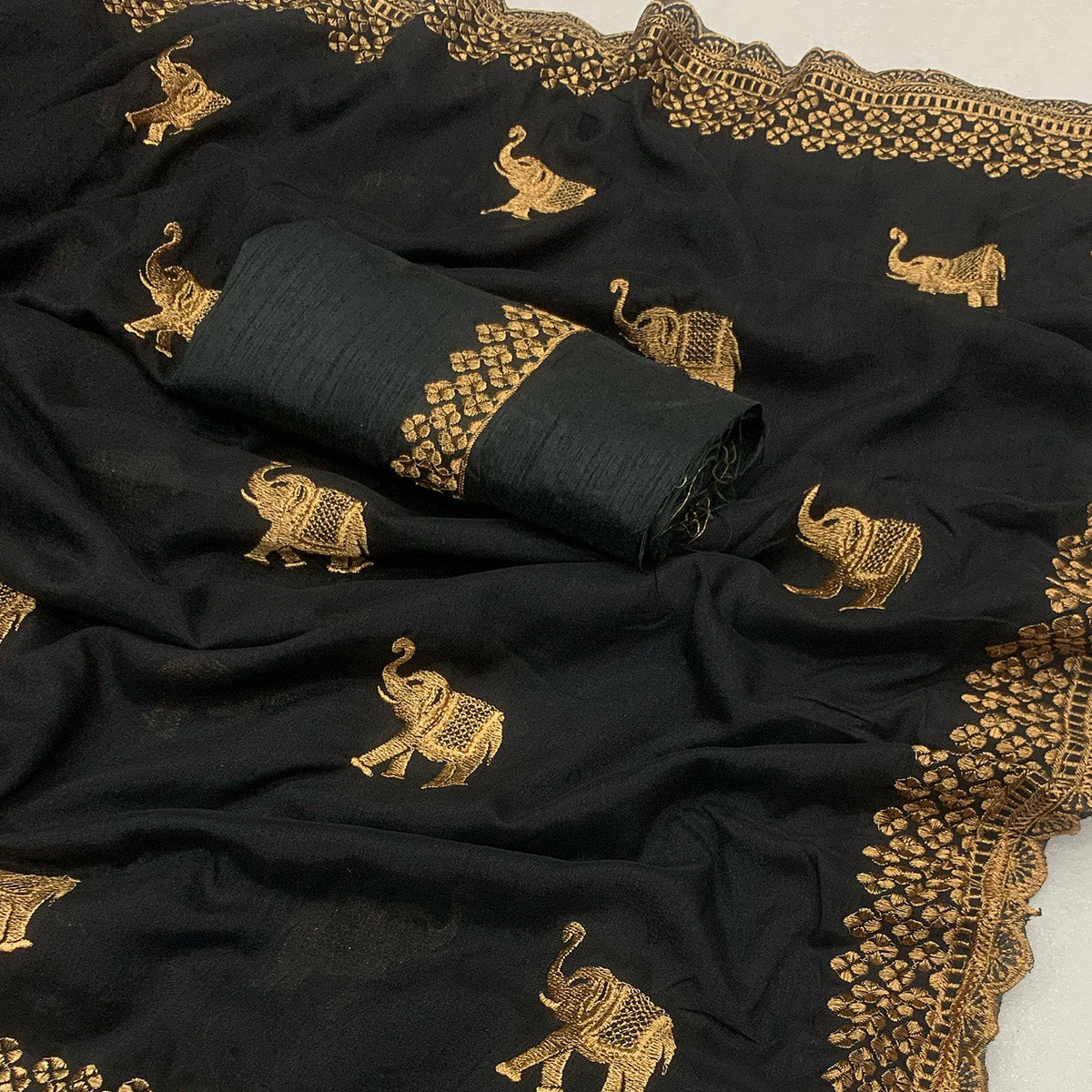 Black Embroidered Vichitra Silk Saree