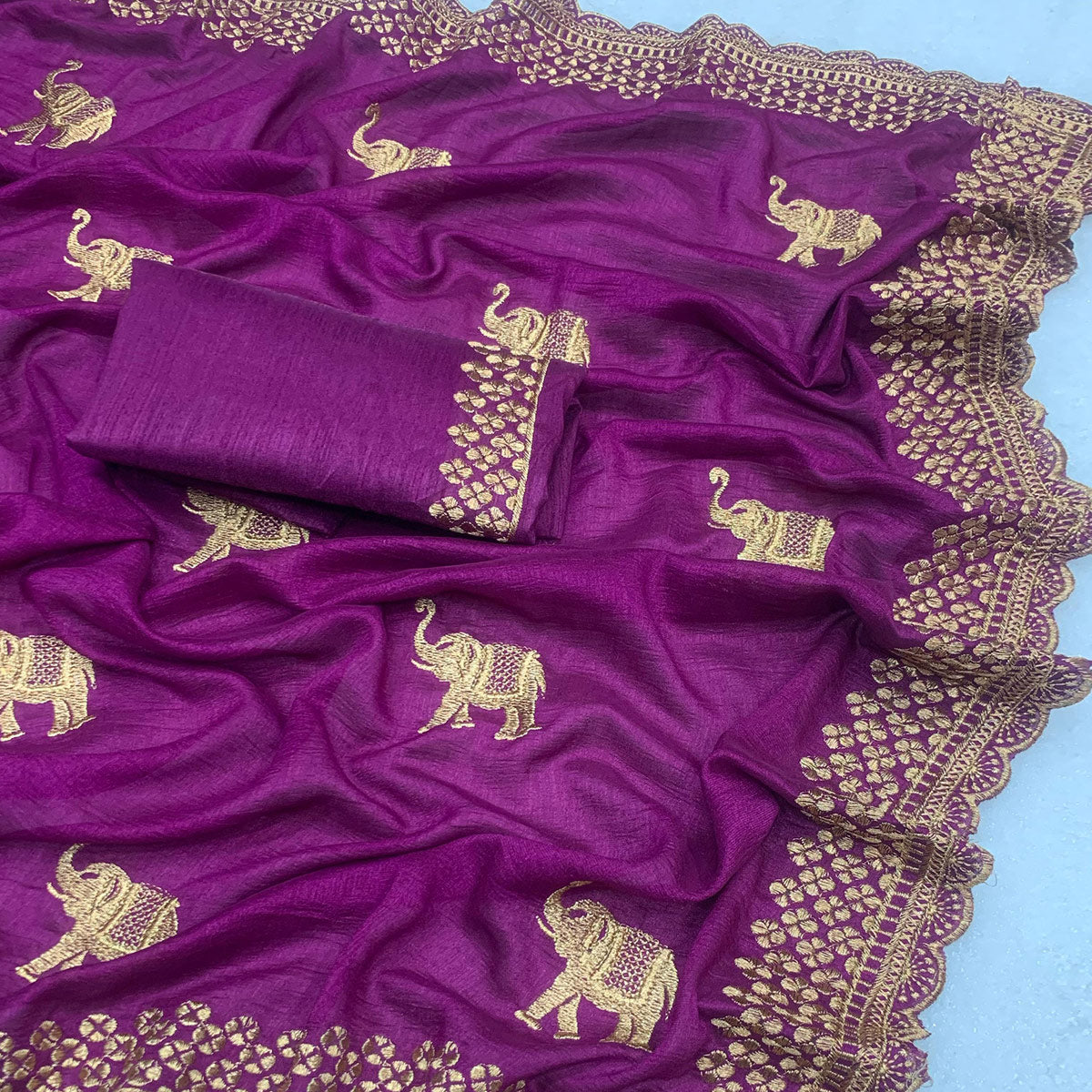 Purple Embroidered Vichitra Silk Saree