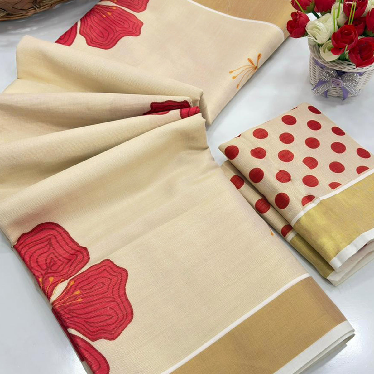 Chikoo Floral Mill Printed Cotton Silk Saree With Elegant Zari Weaving Border Work