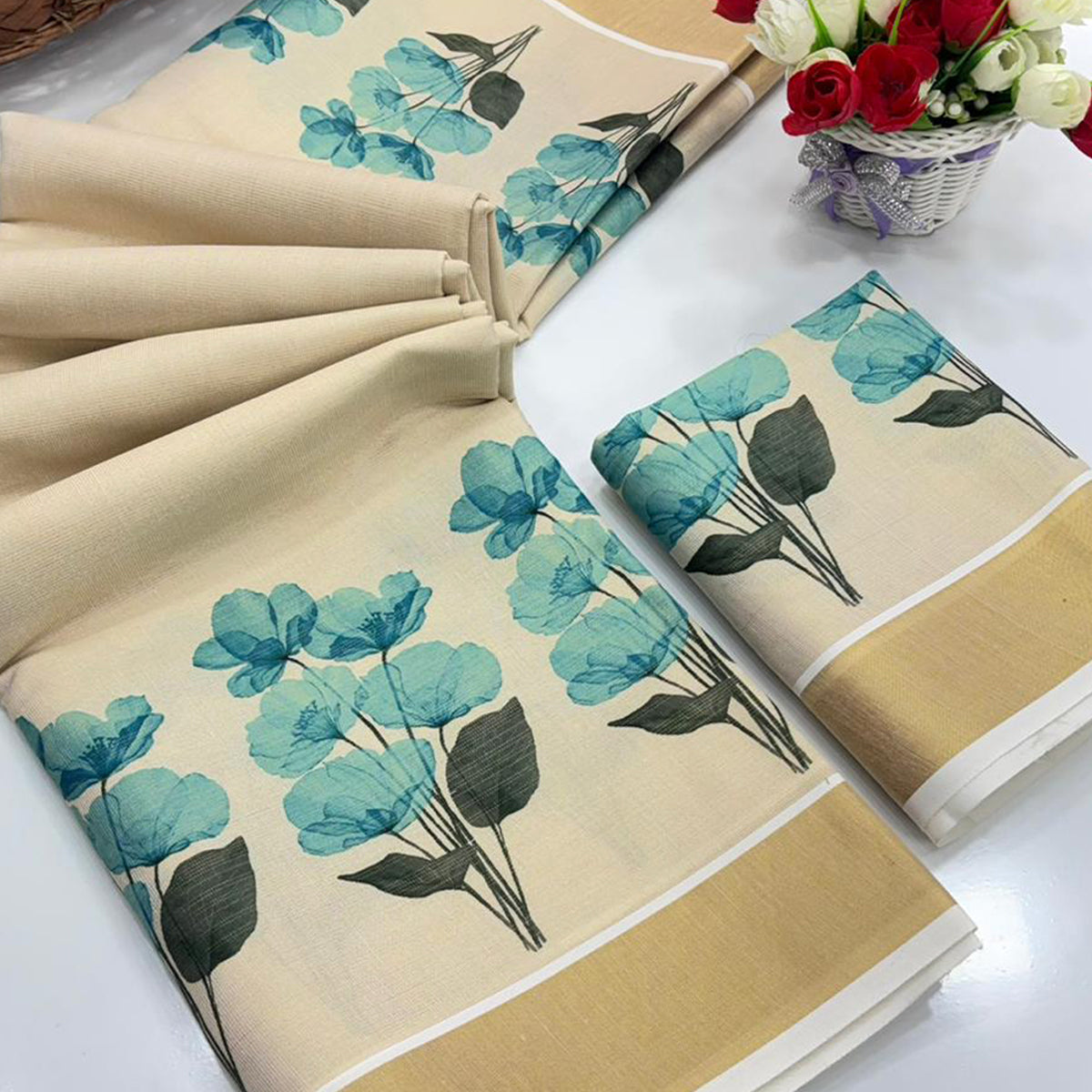 Chikoo Mill Printed Floral Cotton Silk Saree Featuring Traditional Zari Weaving Border