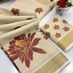 Chikoo Floral Mill Print Cotton Silk Saree Enhanced With Premium Zari Weaving Border Work