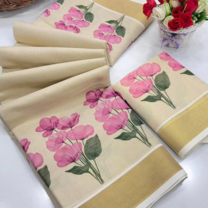 Chikoo Floral Mill Printed Cotton Silk Saree Accented With Heritage Zari Weaving Border Work