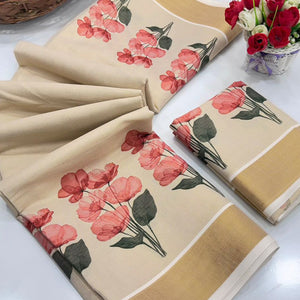 Chikoo Floral Mill Print Cotton Silk Saree Finished With Opulent Zari Weaving Border Work