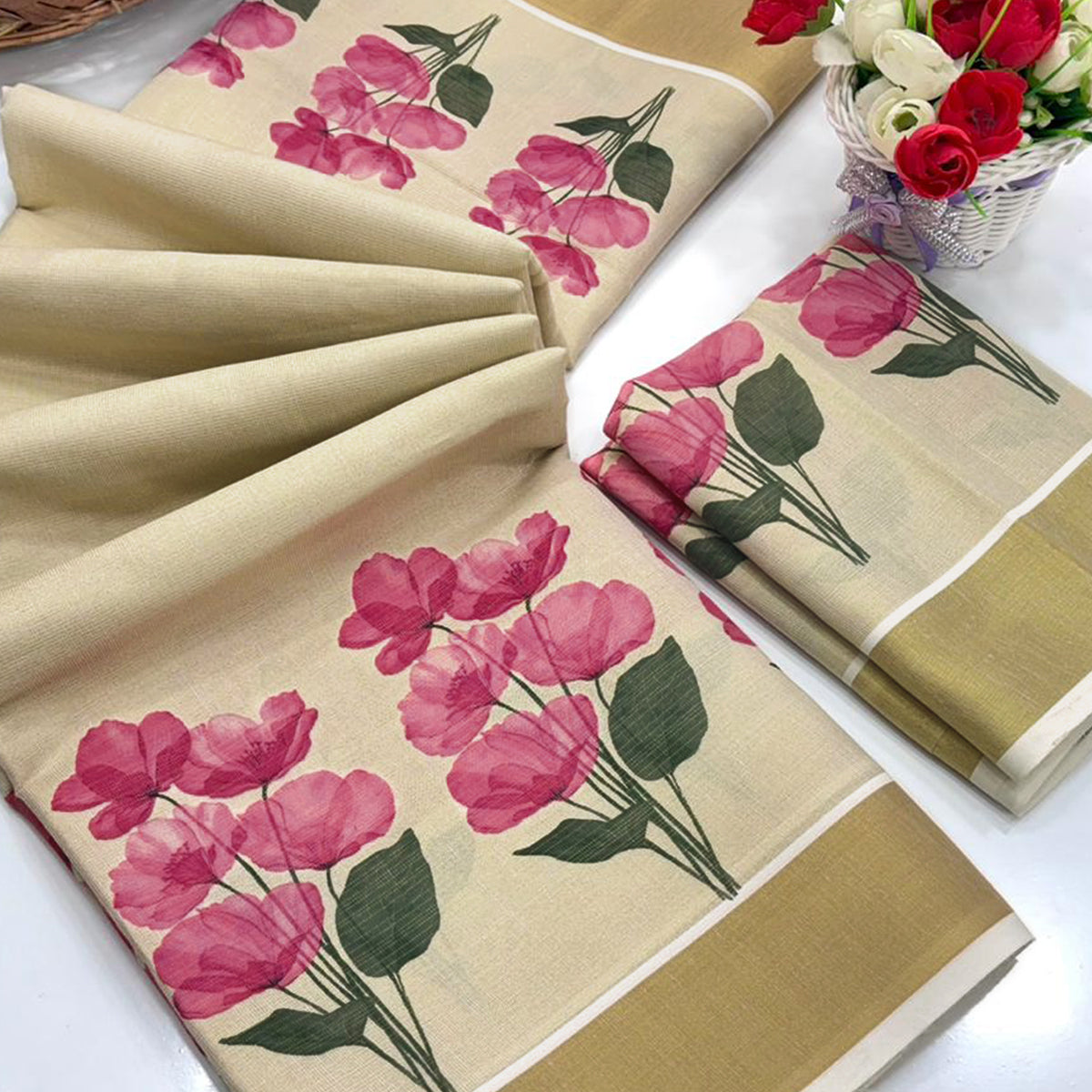 Chikoo Floral Mill Printed Cotton Silk Saree With Handcrafted Zari Weaving Border Work