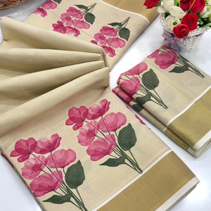 Chikoo Floral Mill Printed Cotton Silk Saree With Handcrafted Zari Weaving Border Work